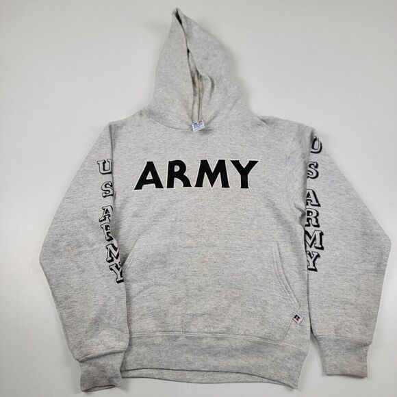 Vintage Russell Athletic Mens Hoodie S Army Football Sweatshirt Grey Distressed - Picture 1 of 9